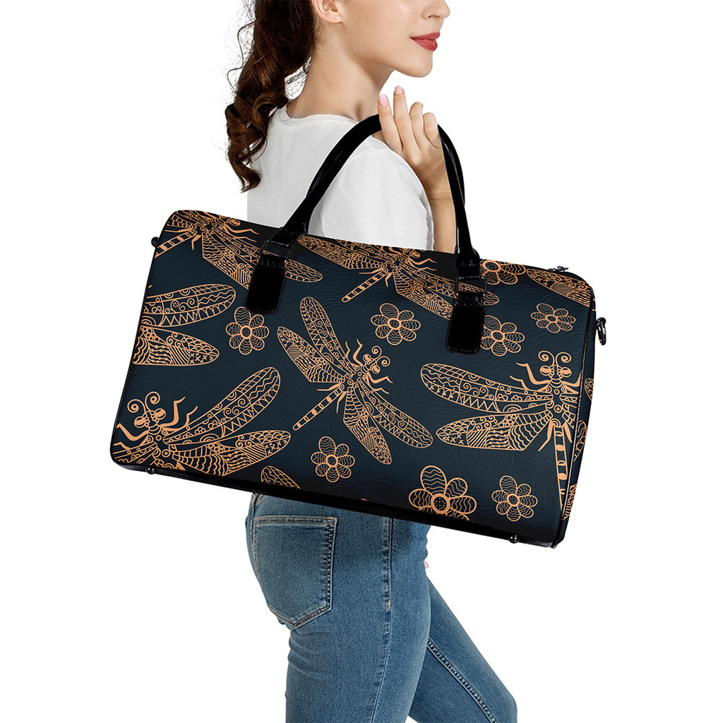 Vintage Dragonfly Pattern Print Leather Duffle Bag