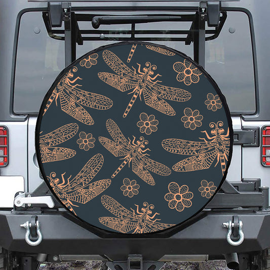 Vintage Dragonfly Pattern Print Leather Spare Tire Cover