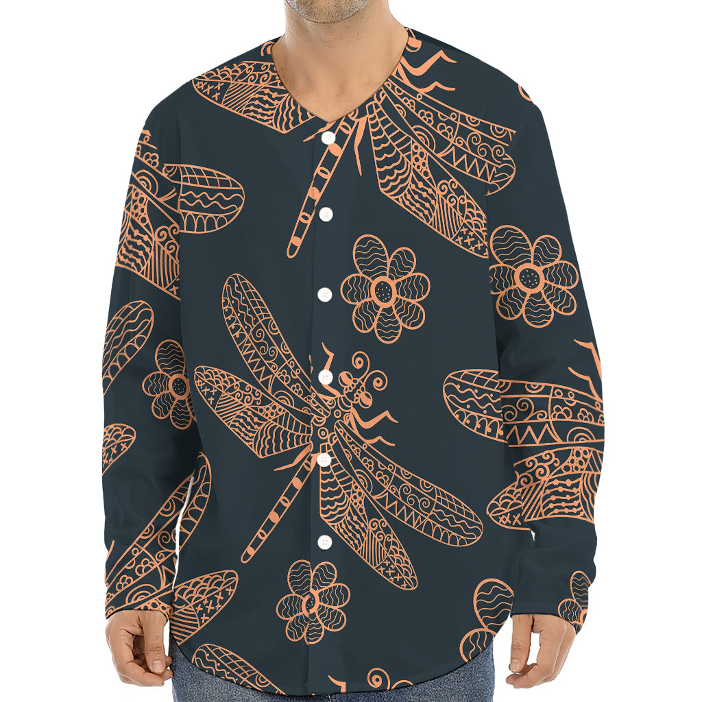 Vintage Dragonfly Pattern Print Long Sleeve Baseball Jersey