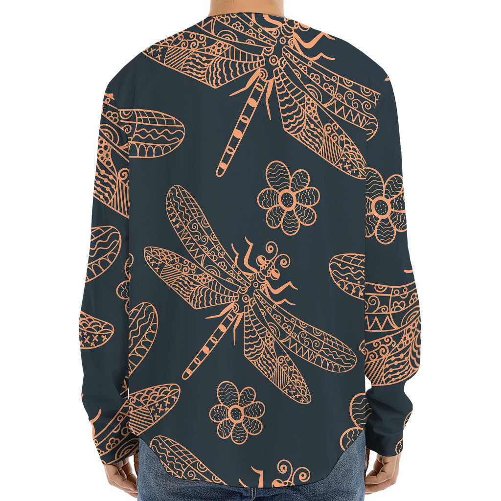 Vintage Dragonfly Pattern Print Long Sleeve Baseball Jersey