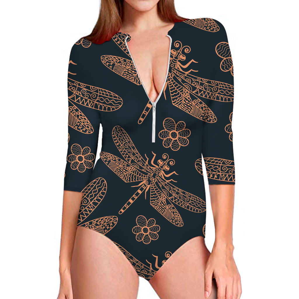 Vintage Dragonfly Pattern Print Long Sleeve Swimsuit
