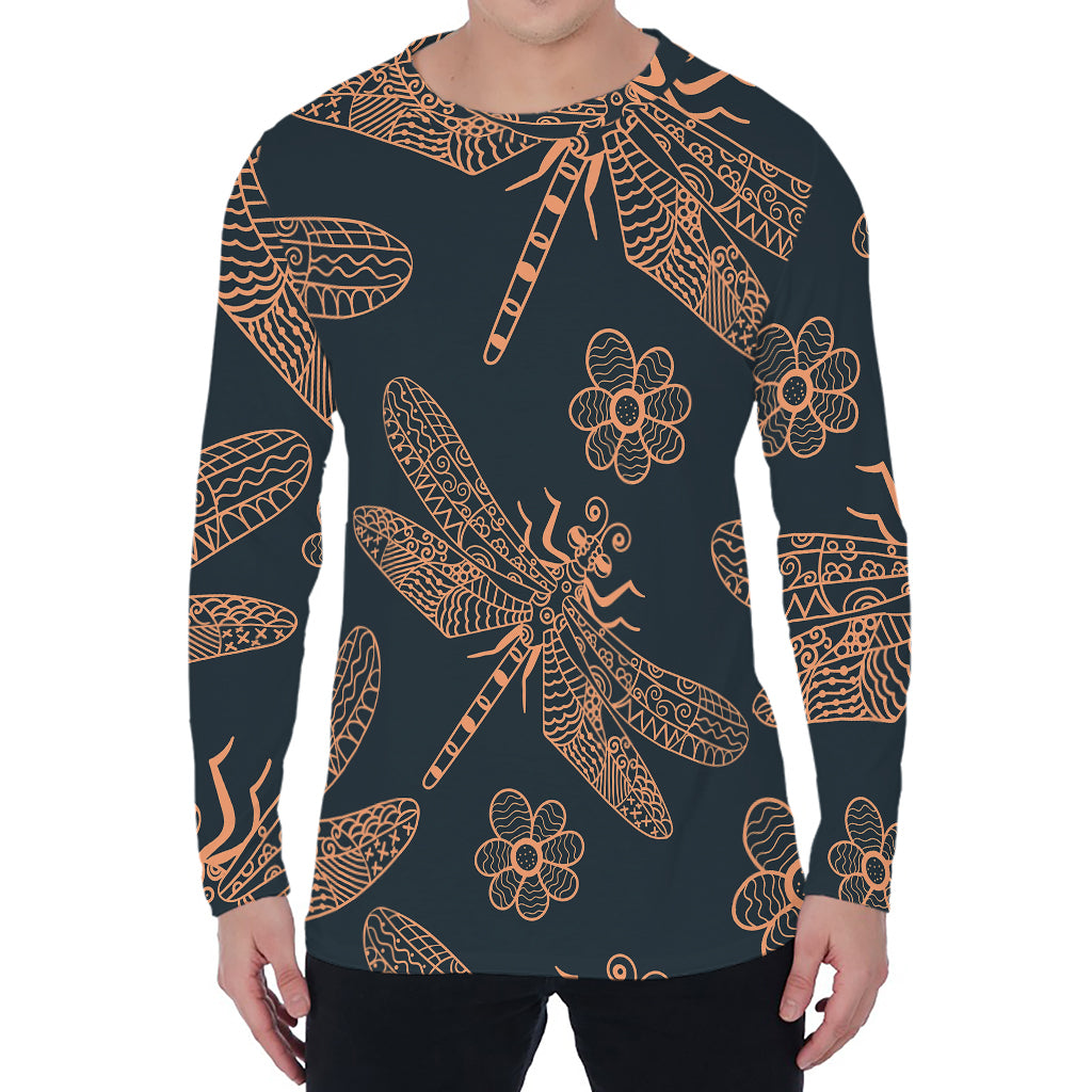 Vintage Dragonfly Pattern Print Men's Long Sleeve T-Shirt