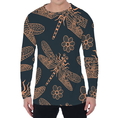 Vintage Dragonfly Pattern Print Men's Long Sleeve T-Shirt