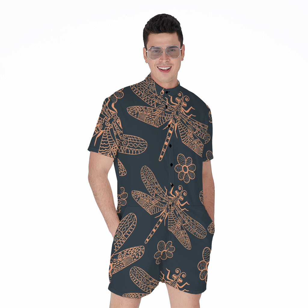 Vintage Dragonfly Pattern Print Men's Rompers