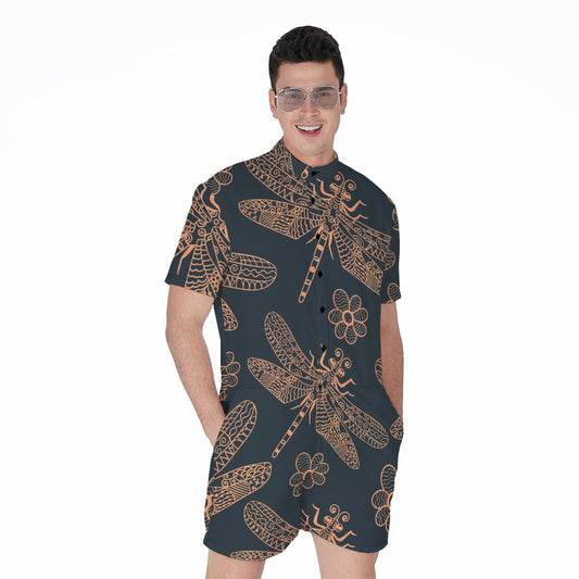 Vintage Dragonfly Pattern Print Men's Rompers