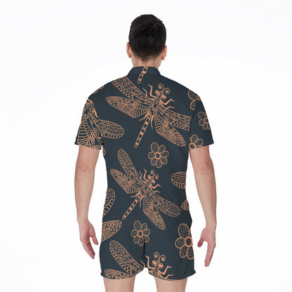Vintage Dragonfly Pattern Print Men's Rompers