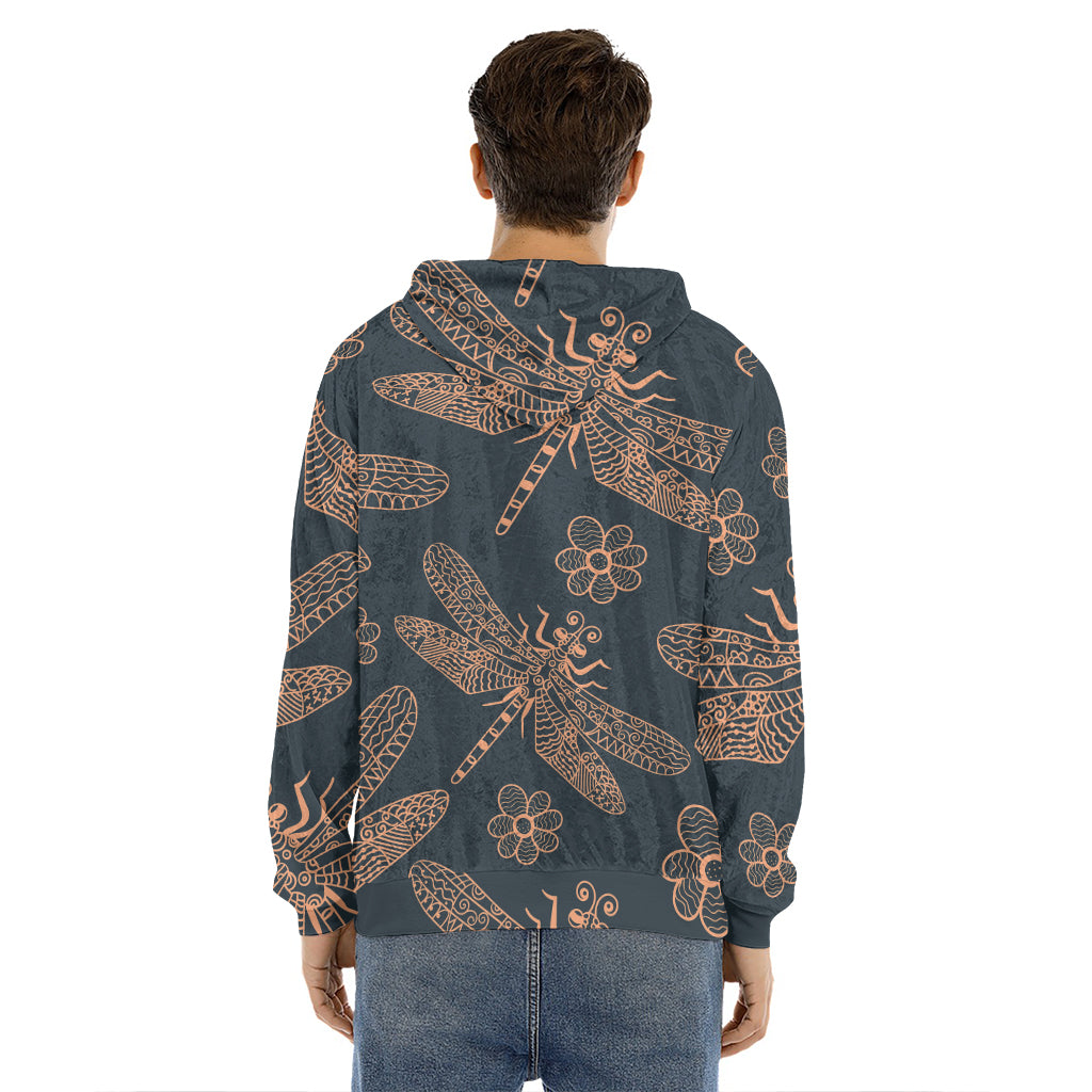 Vintage Dragonfly Pattern Print Men's Velvet Pullover Hoodie