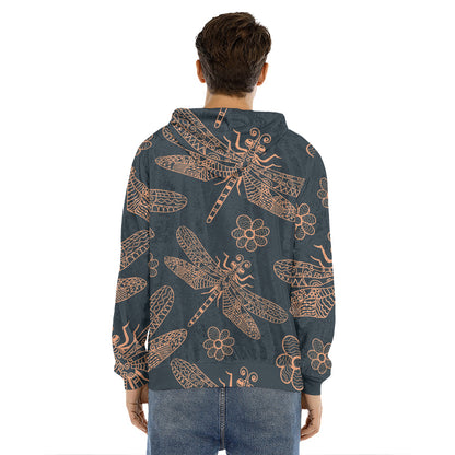 Vintage Dragonfly Pattern Print Men's Velvet Pullover Hoodie