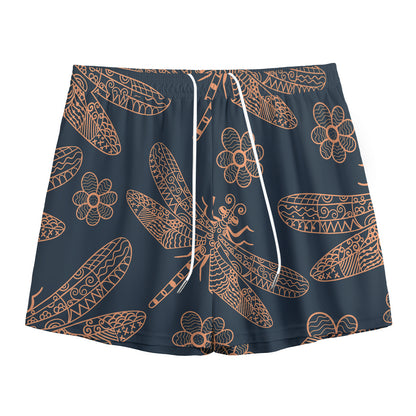 Vintage Dragonfly Pattern Print Mesh Shorts