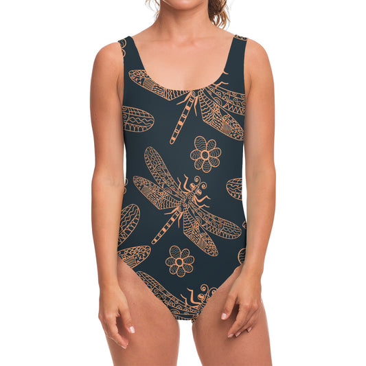 Vintage Dragonfly Pattern Print One Piece Swimsuit
