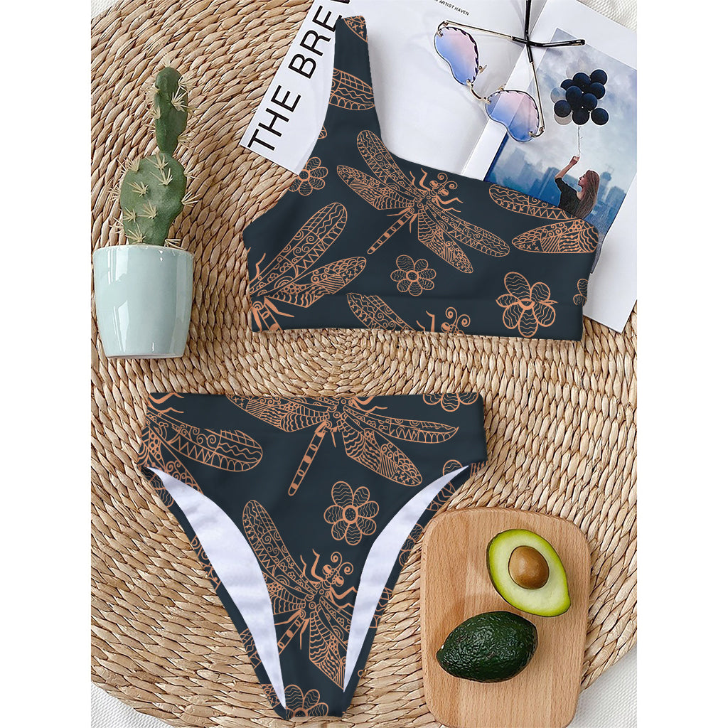 Vintage Dragonfly Pattern Print One Shoulder Bikini Top
