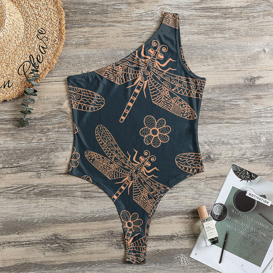 Vintage Dragonfly Pattern Print One Shoulder Bodysuit