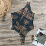 Vintage Dragonfly Pattern Print One Shoulder Bodysuit