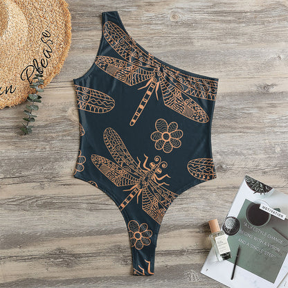 Vintage Dragonfly Pattern Print One Shoulder Bodysuit
