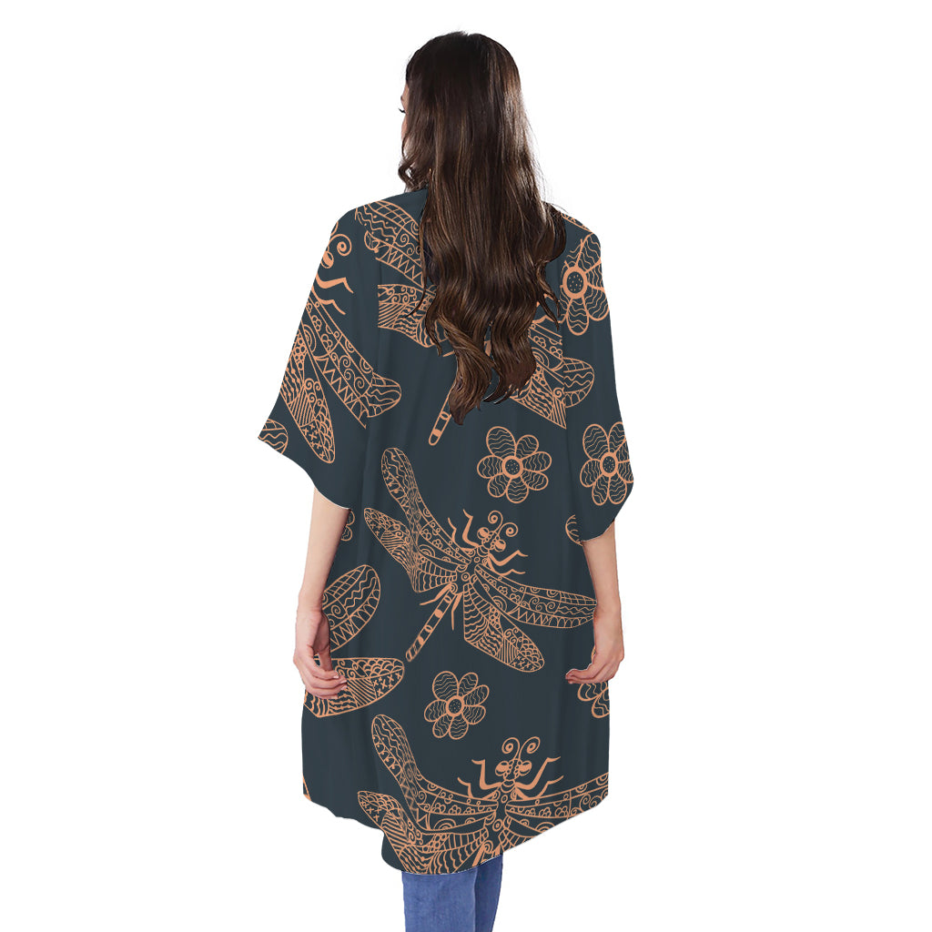 Vintage Dragonfly Pattern Print Open Front Beach Cover Up