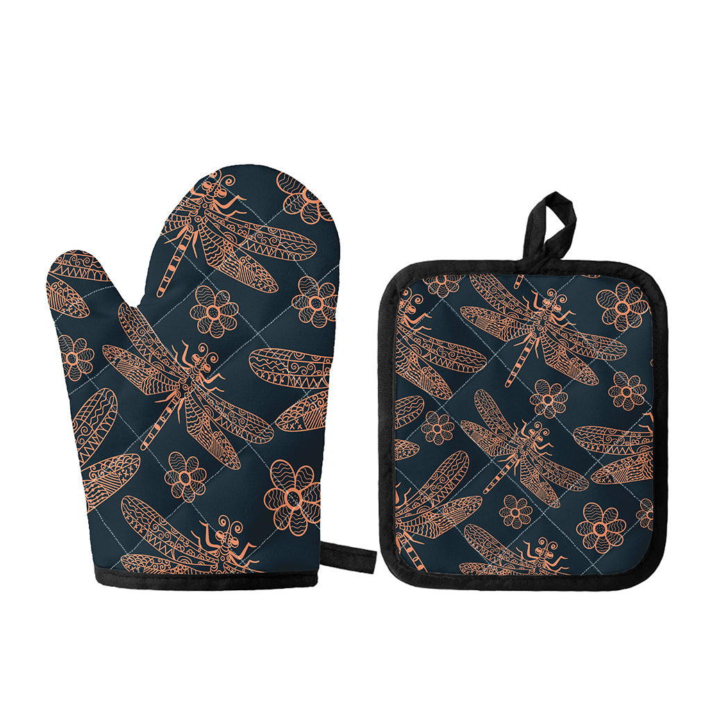 Vintage Dragonfly Pattern Print Oven Mitt And Pot Holder Set