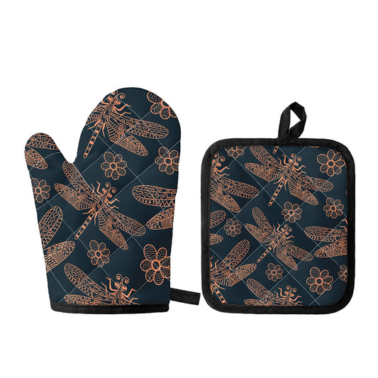 Vintage Dragonfly Pattern Print Oven Mitt And Pot Holder Set