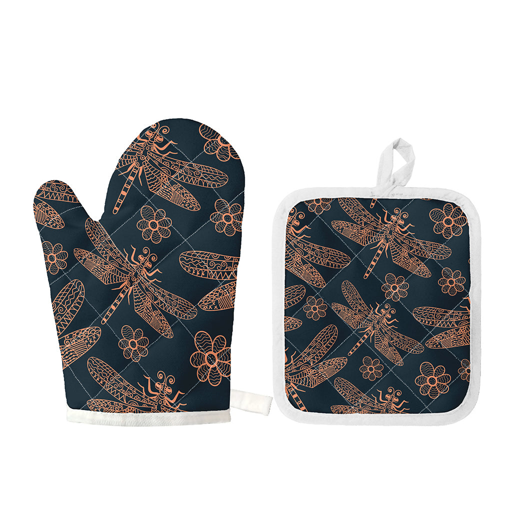 Vintage Dragonfly Pattern Print Oven Mitt And Pot Holder Set