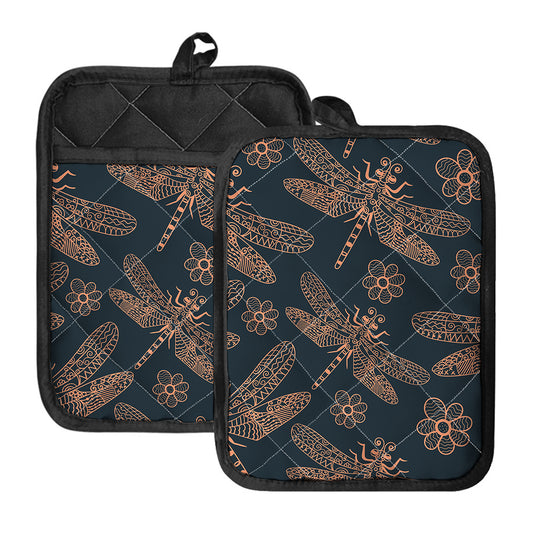 Vintage Dragonfly Pattern Print Pot Holders With Pocket