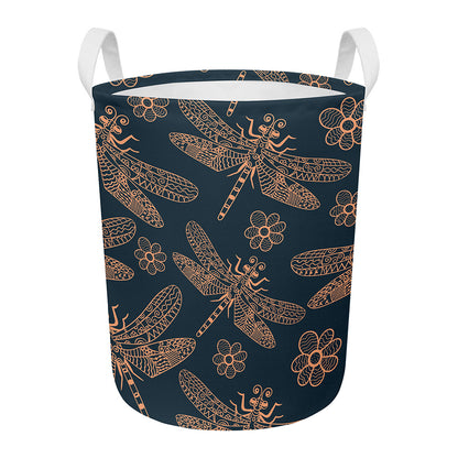 Vintage Dragonfly Pattern Print Round Laundry Basket