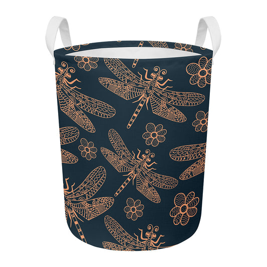 Vintage Dragonfly Pattern Print Round Laundry Basket