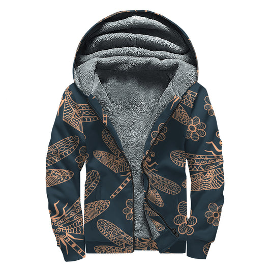 Vintage Dragonfly Pattern Print Sherpa Lined Zip Up Hoodie
