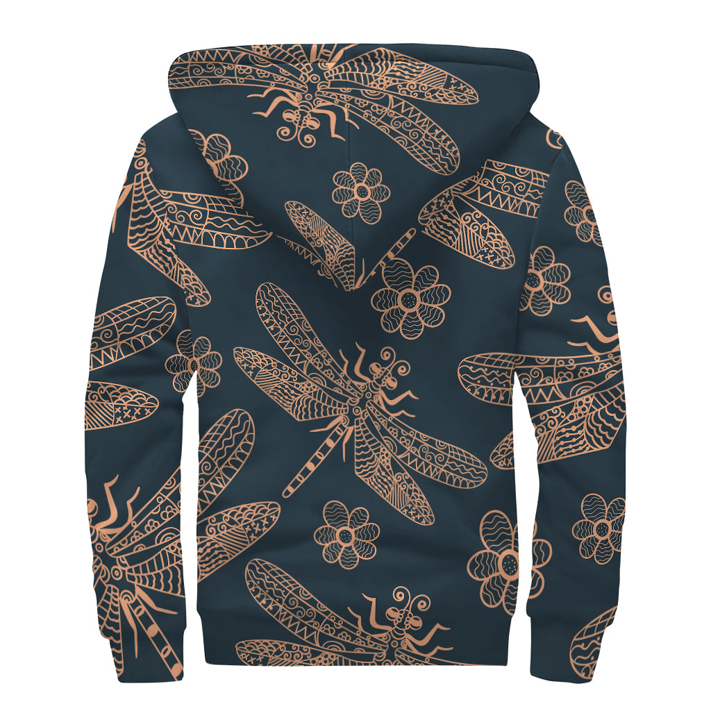 Vintage Dragonfly Pattern Print Sherpa Lined Zip Up Hoodie