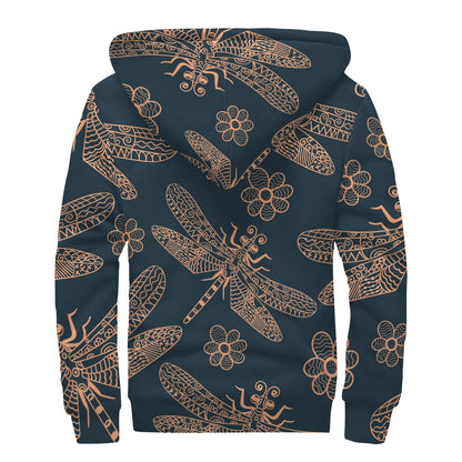 Vintage Dragonfly Pattern Print Sherpa Lined Zip Up Hoodie
