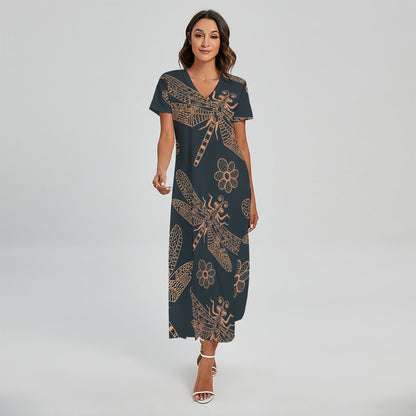 Vintage Dragonfly Pattern Print Short Sleeve Maxi Dress