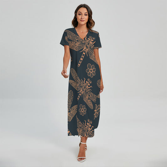 Vintage Dragonfly Pattern Print Short Sleeve Maxi Dress