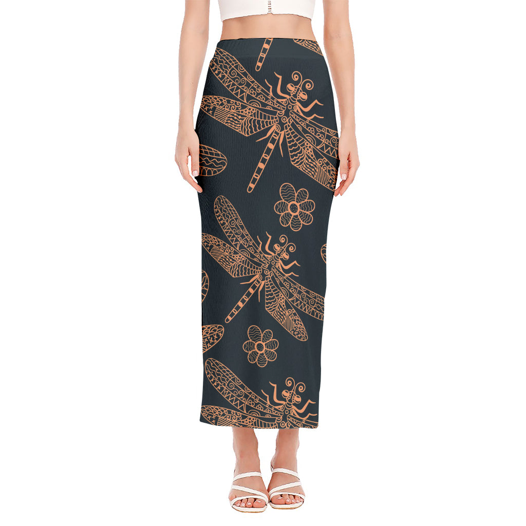 Vintage Dragonfly Pattern Print Side Slit Maxi Skirt