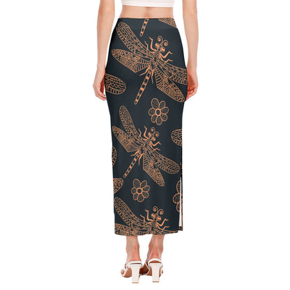 Vintage Dragonfly Pattern Print Side Slit Maxi Skirt