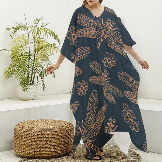 Vintage Dragonfly Pattern Print Silk V-Neck Kaftan Dress