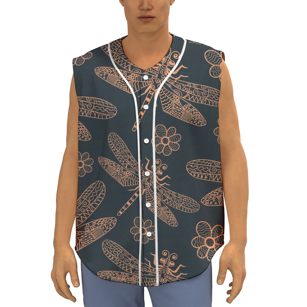 Vintage Dragonfly Pattern Print Sleeveless Baseball Jersey