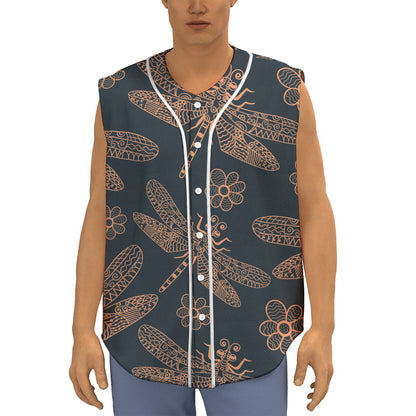 Vintage Dragonfly Pattern Print Sleeveless Baseball Jersey