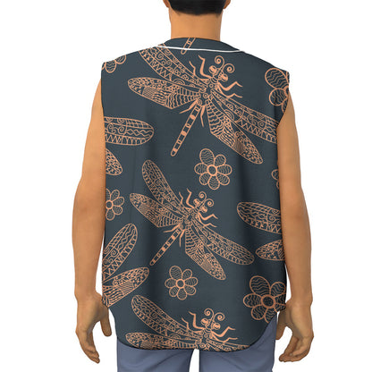 Vintage Dragonfly Pattern Print Sleeveless Baseball Jersey