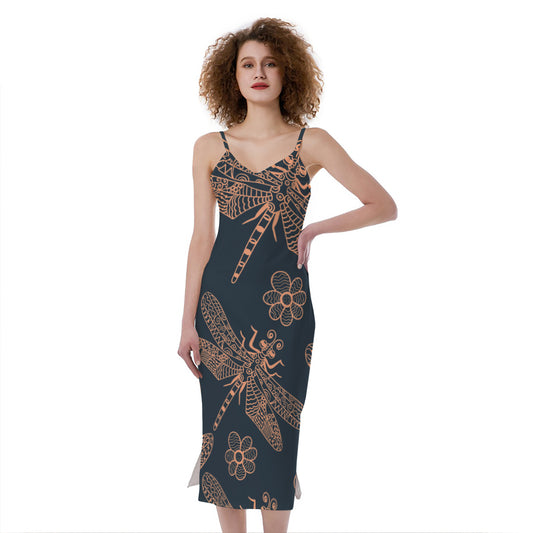 Vintage Dragonfly Pattern Print Slim Fit Midi Cami Dress