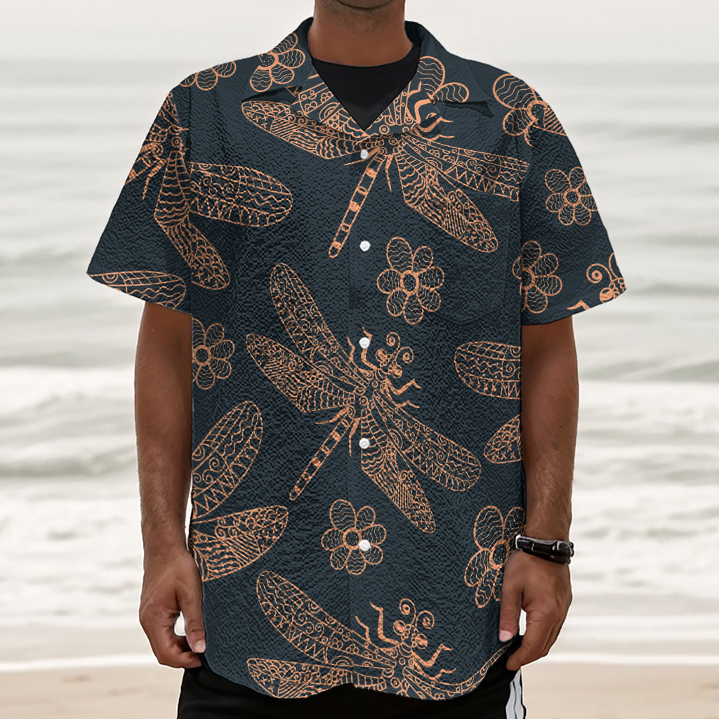Vintage Dragonfly Pattern Print Textured Short Sleeve Shirt