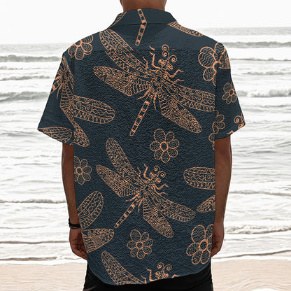 Vintage Dragonfly Pattern Print Textured Short Sleeve Shirt