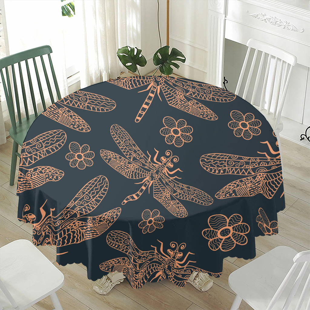 Vintage Dragonfly Pattern Print Waterproof Round Tablecloth