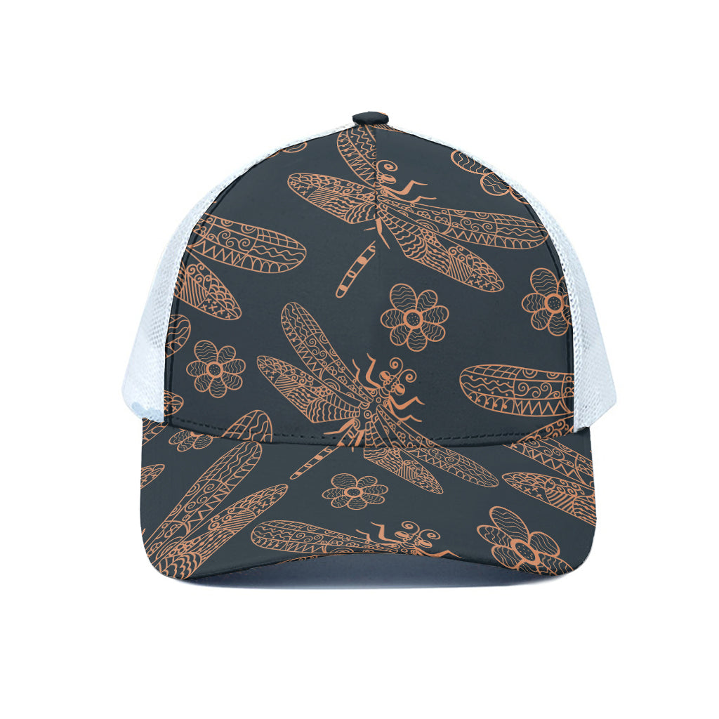 Vintage Dragonfly Pattern Print White Mesh Trucker Cap