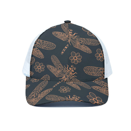 Vintage Dragonfly Pattern Print White Mesh Trucker Cap