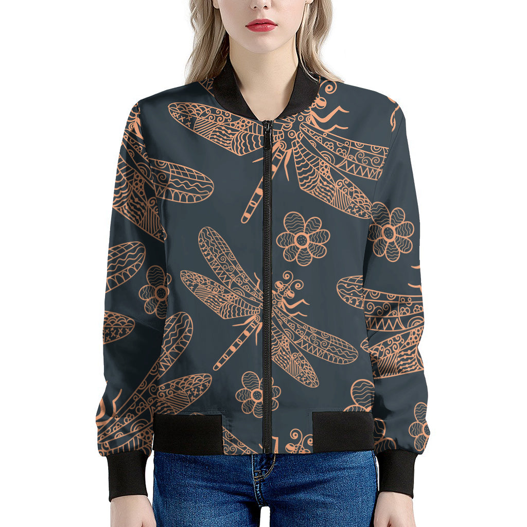 Vintage Dragonfly Pattern Print Women's Bomber Jacket