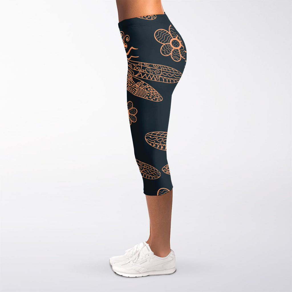 Vintage Dragonfly Pattern Print Women's Capri Leggings