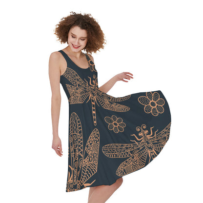 Vintage Dragonfly Pattern Print Women's Sleeveless Dress