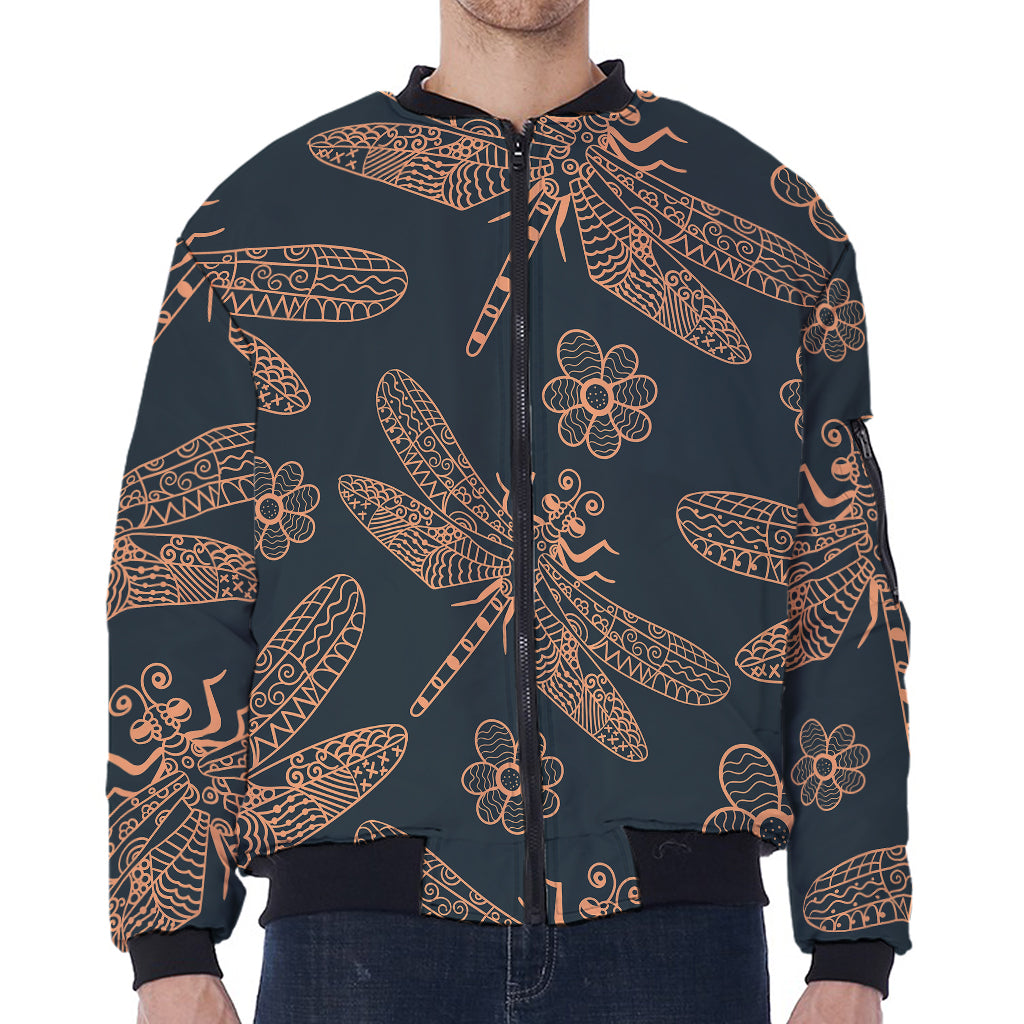Vintage Dragonfly Pattern Print Zip Sleeve Bomber Jacket
