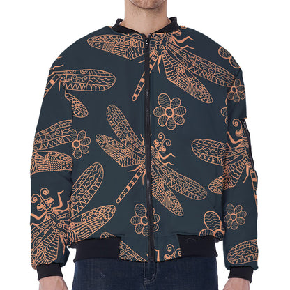 Vintage Dragonfly Pattern Print Zip Sleeve Bomber Jacket