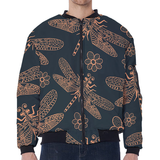 Vintage Dragonfly Pattern Print Zip Sleeve Bomber Jacket