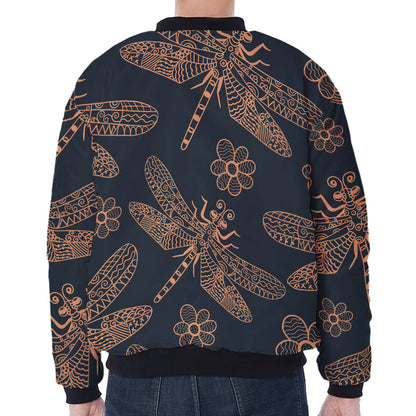 Vintage Dragonfly Pattern Print Zip Sleeve Bomber Jacket