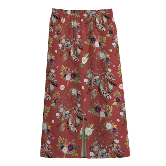 Vintage Dream Catcher Pattern Print Cotton Front Slit Maxi Skirt